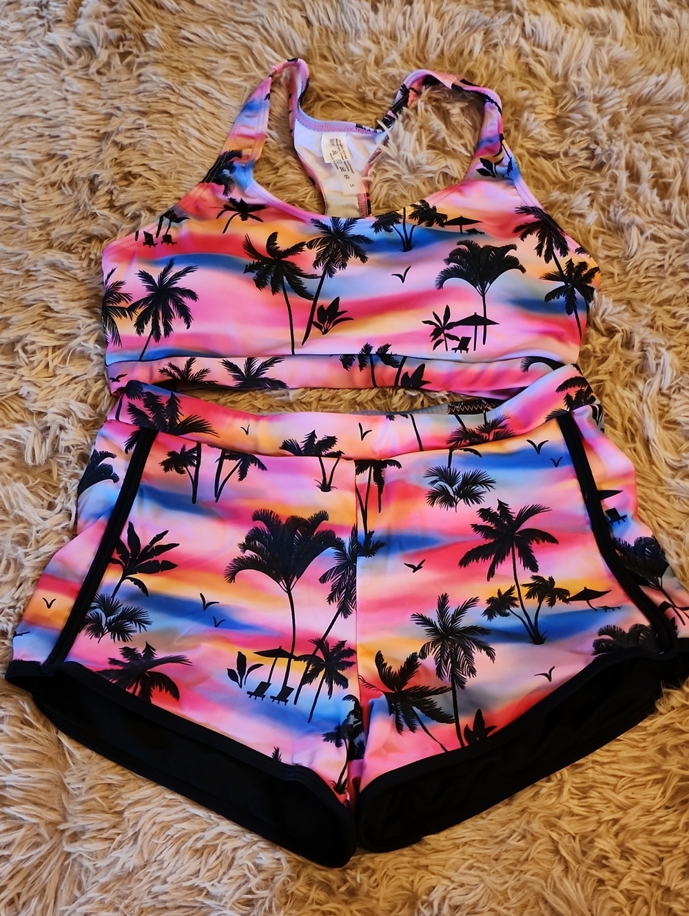 Tropical Palm Print Swim Set Swim Shorts & Padded Sports Bra Top Sz Small